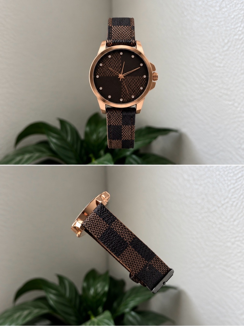 Men's Brown Patterned Strap Watch with Rose Gold Case